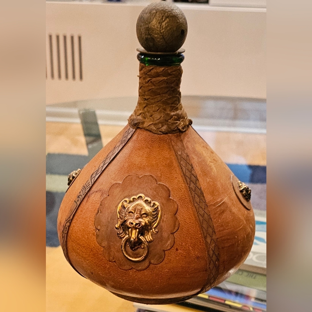 VINTAGE Italian Leather-Wrapped Glass Decanter with Brass Lion Heads and Stopper